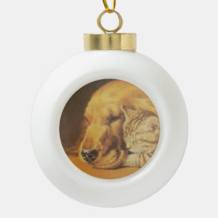 Prachtige verbazingwekkende kat en hond knuffelen keramische bal ornament