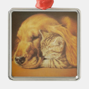 Prachtige verbazingwekkende kat en hond knuffelen metalen ornament