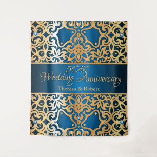 Prachtige vintage gouden en blauwe juwelen trouwve wandkleed