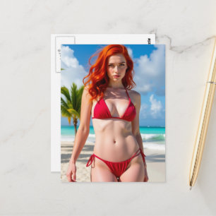 Prachtige vrouw in een rode bikini briefkaart