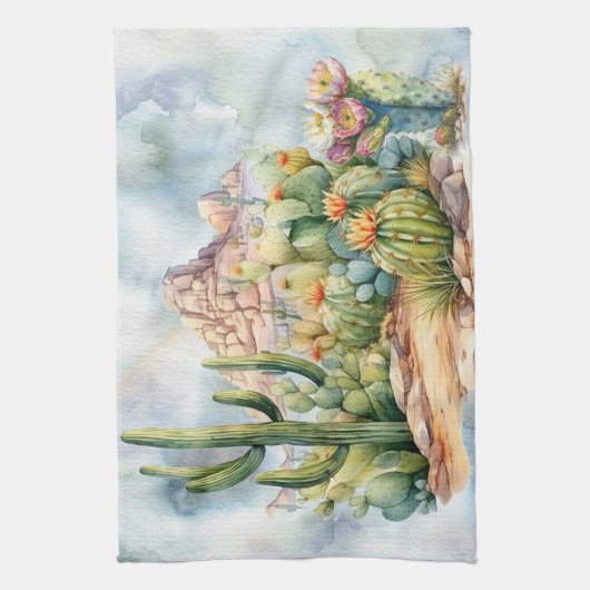 Prachtige Waterverf Desert Cacti landschap Theedoek (Verticaal)