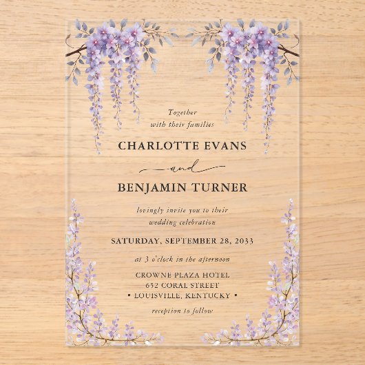 Prachtige Waterverf Wisteria Floral Garden bruilof Acryl Uitnodigingen (Voorkant)