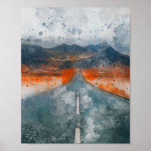 Prachtige weg met bergen landschap schilderij poster