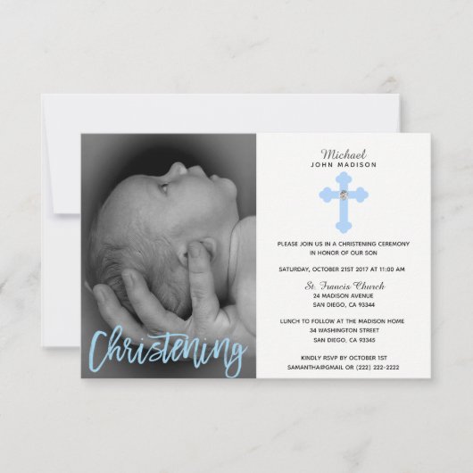 Prachtige White Blue Cross Boy PHOTO Christening Kaart (Voorkant)