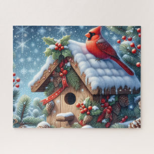Prachtige winter kardinaalvogel met vogelhuisje legpuzzel