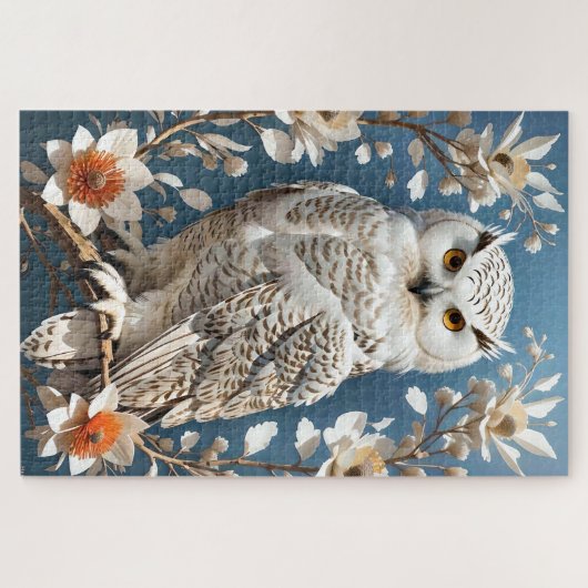 Prachtige witte besneeuwde uil botanisch legpuzzel (Horizontaal)