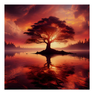 Prachtige zonsondergang met boom op de voorgrond perfect poster