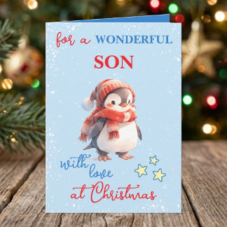 Prachtige zoon pinguïn blauwe kerst feestdagen kaart