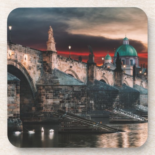 Prague Charles Bridge Night Hard Plastic Coaster Bier Onderzetter (Voorkant)