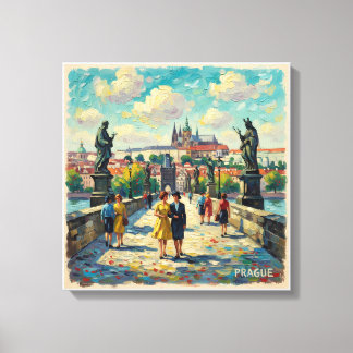 Prague Charles Bridge Vintage Scene Stretched Canv Canvas Afdruk