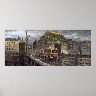 Prague Tram Bridge Legii Nationaal Theater Poster