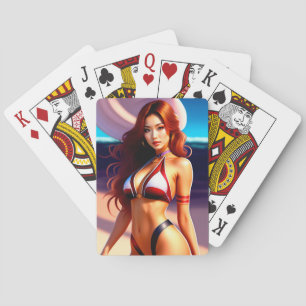 Praktisch vrouw met bikini-speelkaarten pokerkaarten