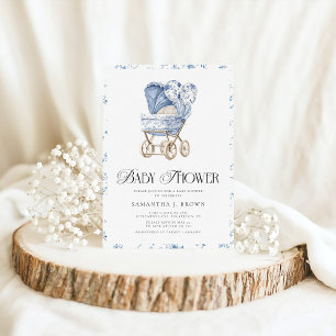  Pram Elegant Toile Chinoiserie Baby shower Kaart