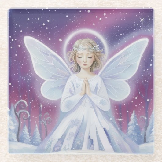 PrayingWinterAngel Glazen Onderzetter (Voorkant)