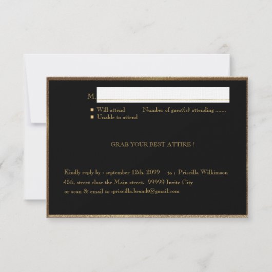PRE PROM RSVP, Great Gatsby, zwart goud Kaart (Achterkant)