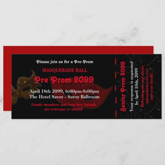 Pre-prom Uitnodiging Ticket Masquerade Style, chic (Voorkant / Achterkant)
