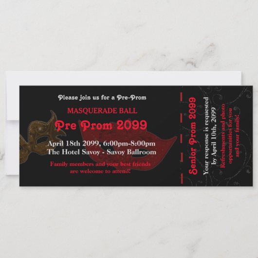 Pre-prom Uitnodiging Ticket Masquerade Style, chic (Voorkant)