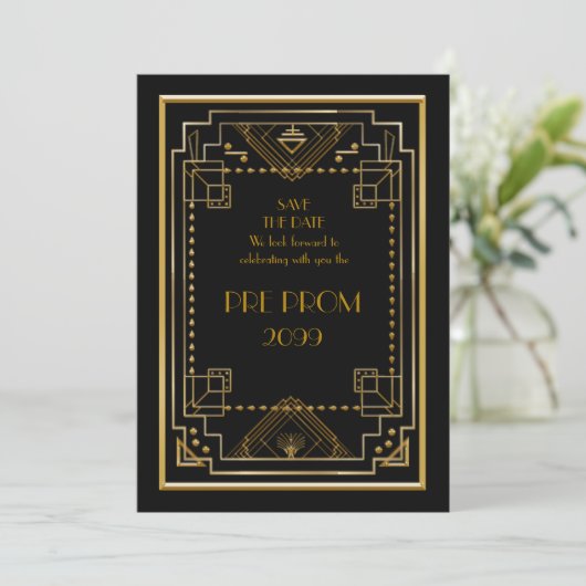 Pre PromJunior, Great Gatsby, Gold, zwart Save The Date (Staand voorkant)