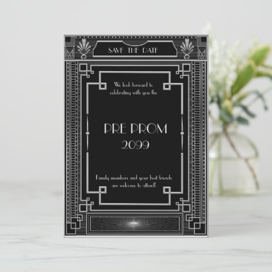 Pre PromJunior, Great Gatsby, Silver, zwart Save The Date (Staand voorkant)