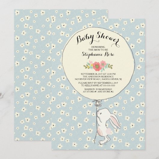 Precious Bunny Boys Baby shower Invitation Kaart (Voorkant / Achterkant)