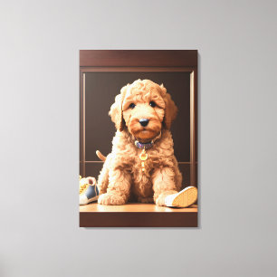 Precious Goldendoodle Puppy met Schoenen Bruin Kle Canvas Afdruk