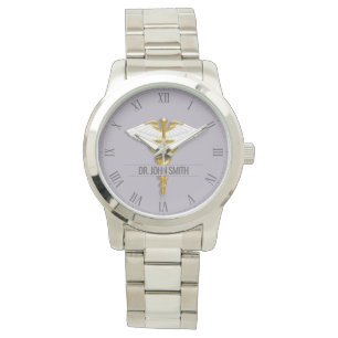 Precious Medical Gold Caduceus White Wings Name Horloge