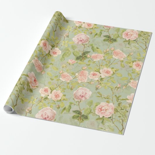 Precious Pink Redouté Rozen Pattern Green Cadeaupapier (Uitgerold)