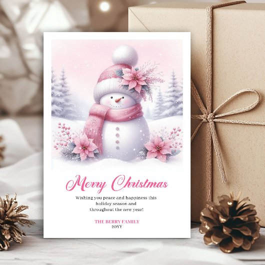 Precious pink snowman kids card editable feestdagenkaart