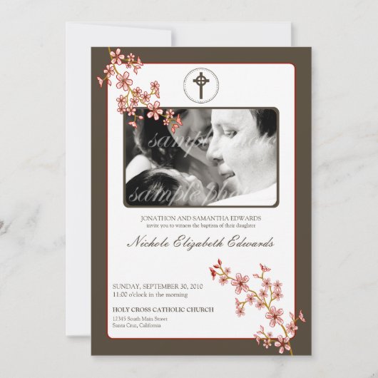 Precious Red Cherry Blossom Baptism Invitation Kaart (Voorkant)