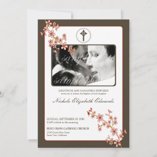Precious Red Cherry Blossom Baptism Invitation Kaart