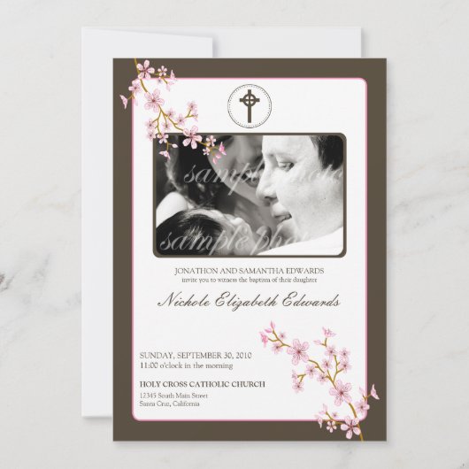 Precious roze Cherry Blossom Baptism Invitation Kaart (Voorkant)