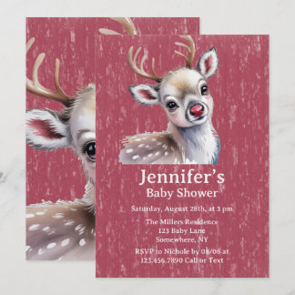 Precious White Reindeer Red Shiny Nose Baby Shower Kaart