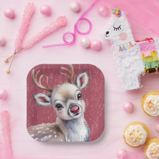 Precious White Reindeer Red Shiny Nose Birthday Papieren Bordje