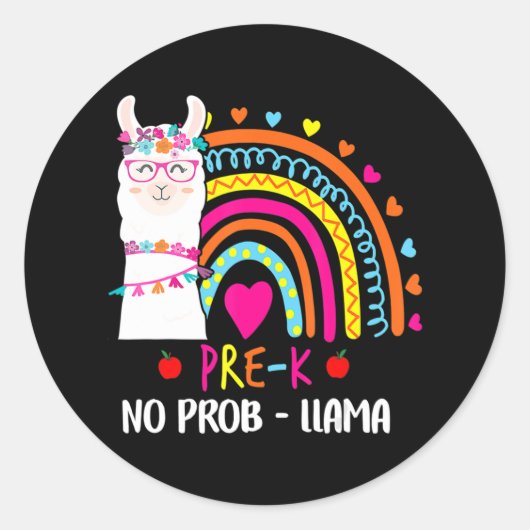 PreK Geen Prob Llama Leraar Rainbow Terug naar sch Ronde Sticker (Voorkant)