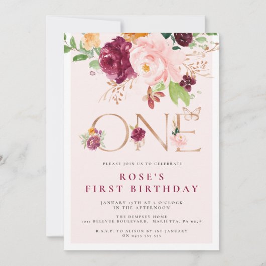Premier anniversaire Invitation safran Rose Papill (Devant)