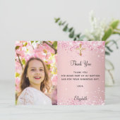 Premier carte de remerciements photo rose communio (Debout devant)