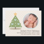 Premier Carte photo d'arbre de Noël de Bébé bleu<br><div class="desc">Ajoutez le nom de votre fils à ces cartes photos de Noël mignons et sucrés de bébé avec un arbre de Noël aux ornements bleus en forme de coeur et une étoile dorée au-dessus d'un arrière - plan à pois crème. Le dos est bleu clair avec un motif cardiaque répétitif....</div>