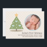 Premier Carte photo d'arbre de Noël de Bébé bleu<br><div class="desc">Ajoutez le nom de votre fils à ces cartes photos de Noël mignons et sucrés de bébé avec un arbre de Noël aux ornements bleus en forme de coeur et une étoile dorée au-dessus d'un arrière - plan à pois crème. Le dos est bleu clair avec un motif cardiaque répétitif....</div>