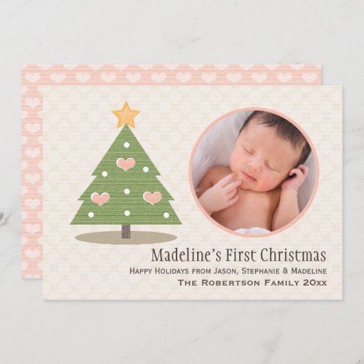 Premier Carte photo d'arbre de Noël pour bébé rose (Devant / Derrière)