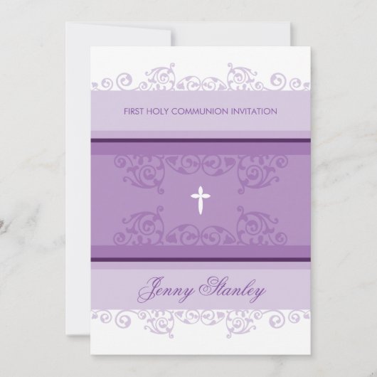 PREMIER COMMUNION INVITATIONS jolies boucles viole (Devant)