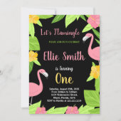 Premier Flamant rose vert noir Invitations d'anniv (Devant)