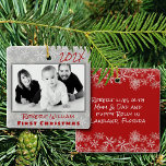 Premier Noël Bébé Garçon Ornement double face<br><div class="desc">Baby boy photo premier Noël ornament gardien. Double face, ornement arbre carré en gris avec texte rouge. Le modèle photo est horizontal avec une bordure gris foncé. Date de l'année en haut, avec le nom et le texte "premier Noël" sous la photo. Au verso, plus de texte peut être ajouté...</div>