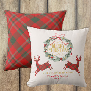 Premier Noël Coussin Rouge à Carreaux Monsieur et