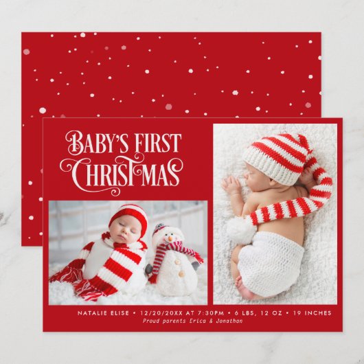 PREMIER NOËL faire-part de naissance Fête rouge (Devant / Derrière)
