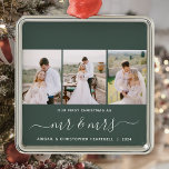 Premier Noël M. et Mme 3 Script photo vert<br><div class="desc">Commémorez votre premier Noël en tant que nouveau mariés avec ce magnifique ornement de gardiens moderne. Le texte blanc dit "Notre premier Noël comme", avec les mots "m & mrs" dans un élégant script d'écriture manuscrite avec des fioritures avant et après. Remplacez les trois exemples d'images par vos photos verticales...</div>