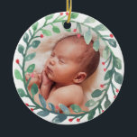 Premier ornement de Noël du bébé | Noël<br><div class="desc">Un ornement circulaire personnalisé avec notre aquarelle ornementale en forme de couronne entourant un espace réservé pour mettre la photo de votre bébé. Personnalisez le dos avec le nom du bébé, la date de naissance et le poids sur le dos. Cela fait un grand cadeau unique pour la famille et...</div>