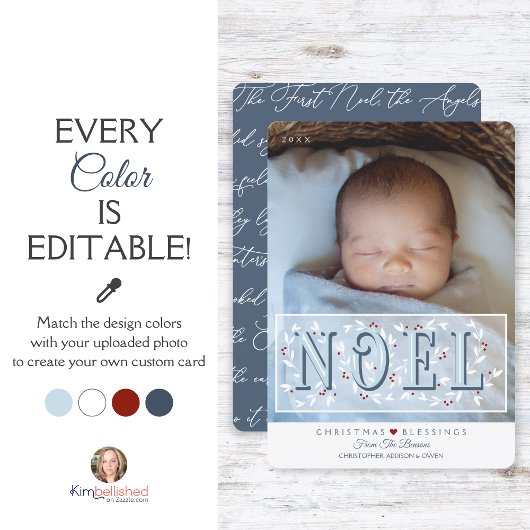Première carte de Noël Elégant Bleu Blanc Bébé