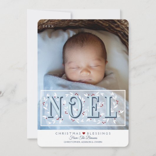 Première carte de Noël Elégant Bleu Blanc Bébé (Devant)