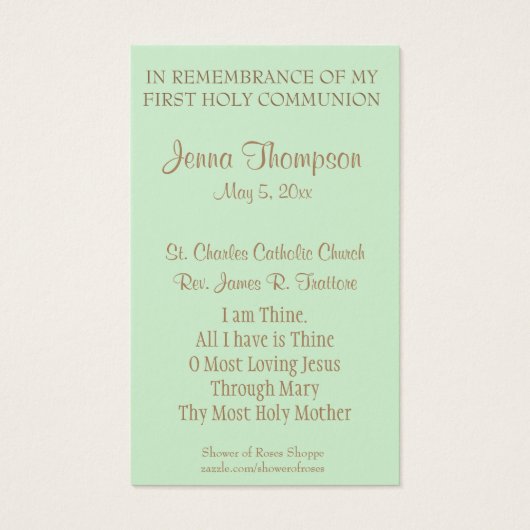 PREMIÈRE CARTE SAINTE COMMUNION EUCHARIST PRAYER (Dos)