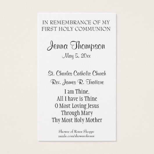 PREMIÈRE CARTE SAINTE COMMUNION EUCHARIST PRAYER (Dos)